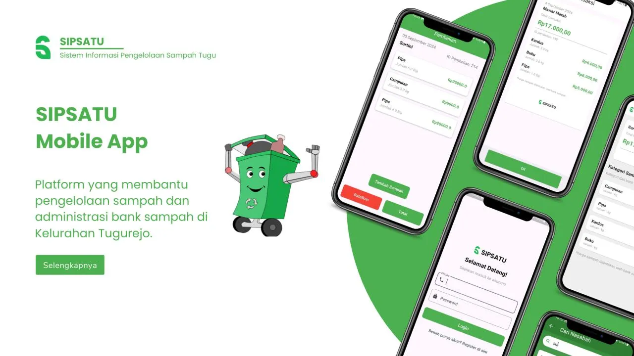 SIPSATU mobile app screens for recording waste purchases and customer transactions